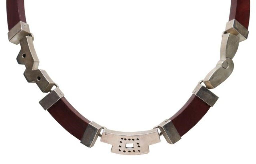 Modernist collar necklace with alternating wood and sterling silver links