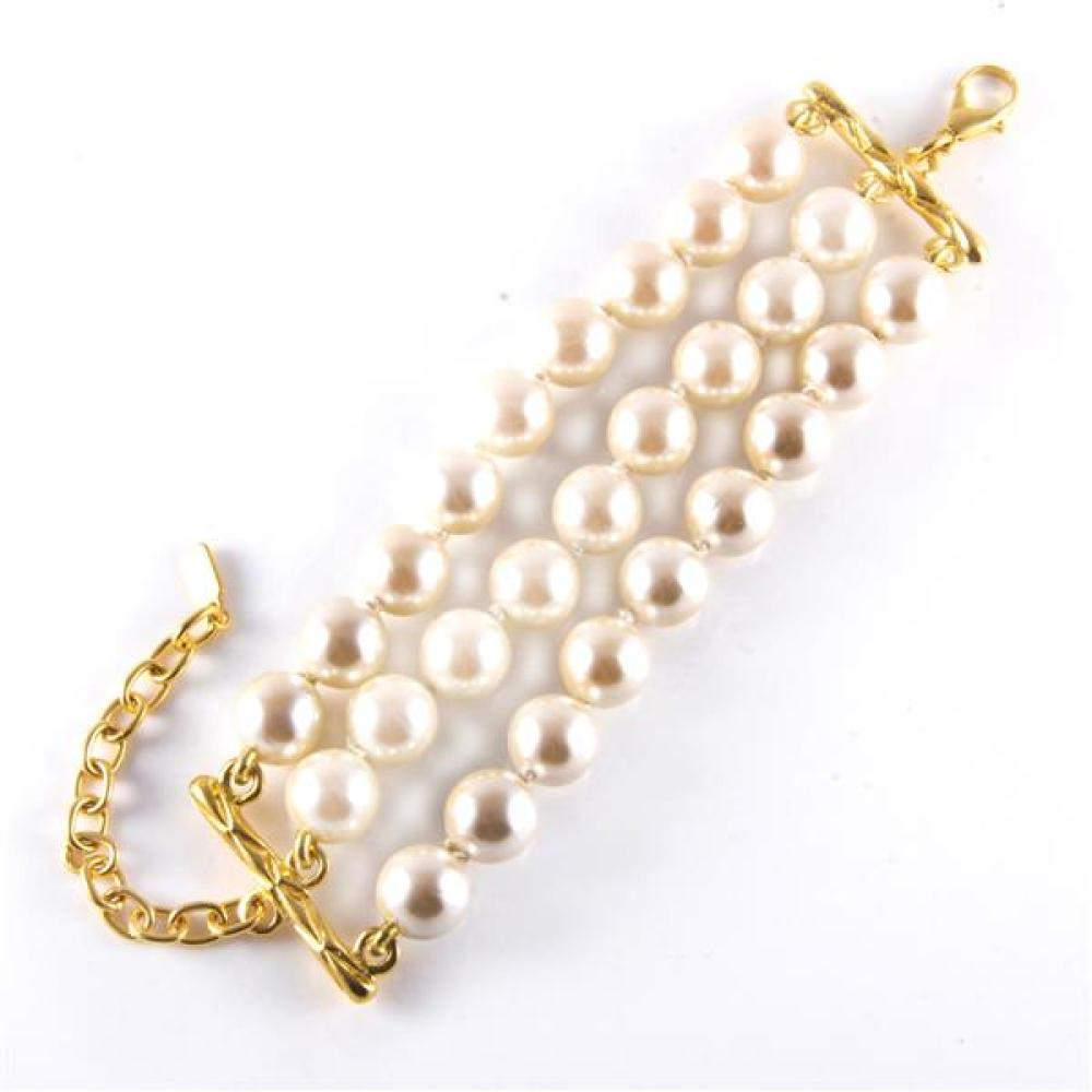 1980 ESCADA COUTURE DESIGNER THREE STRAND FAUX PEARL BRACELET WITH