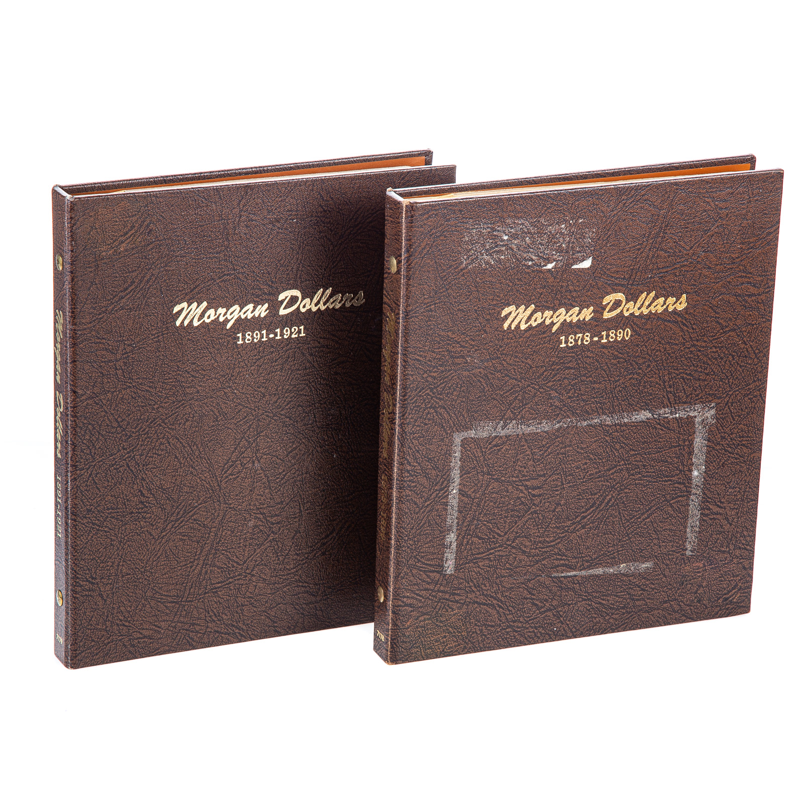 TWO DANSCO MORGAN DOLLAR ALBUMS WITH 35 COINS 1879 XF
