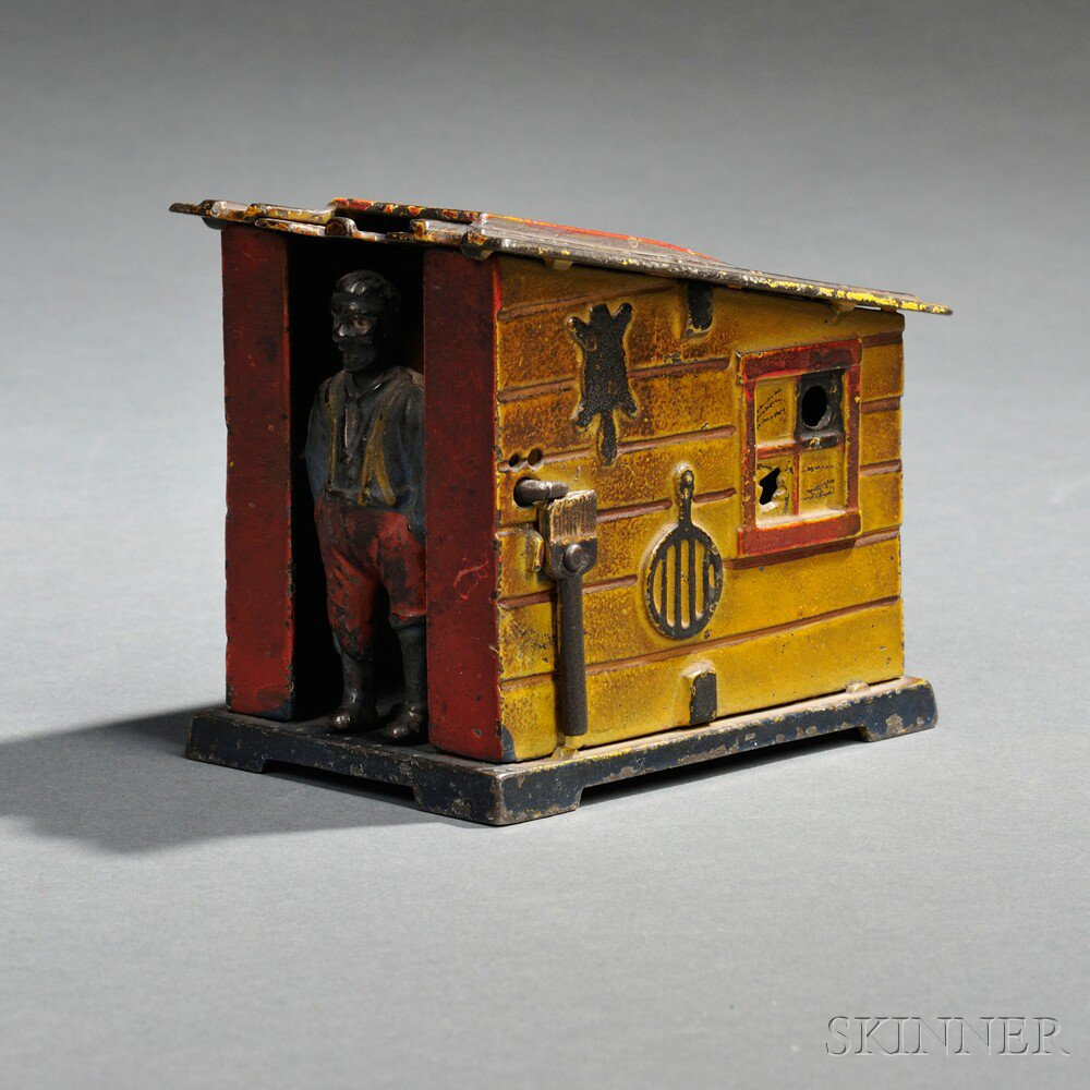 Painted Cast Iron Mechanical Cabin Bank J E Stevens c