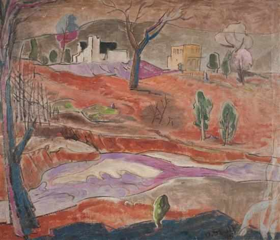 John Deforest Stull American 1910 1972 Landscape with Buildings oil