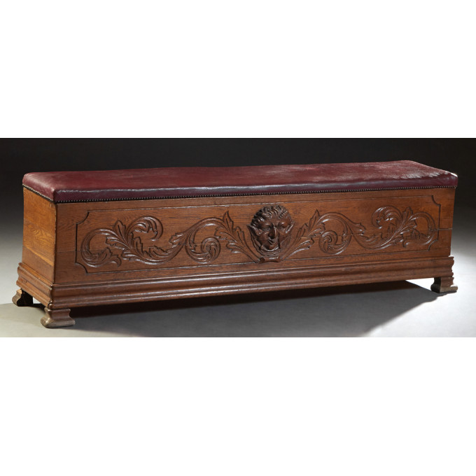 French Renaissance Style Carved Oak Coffer Bench 20th c the