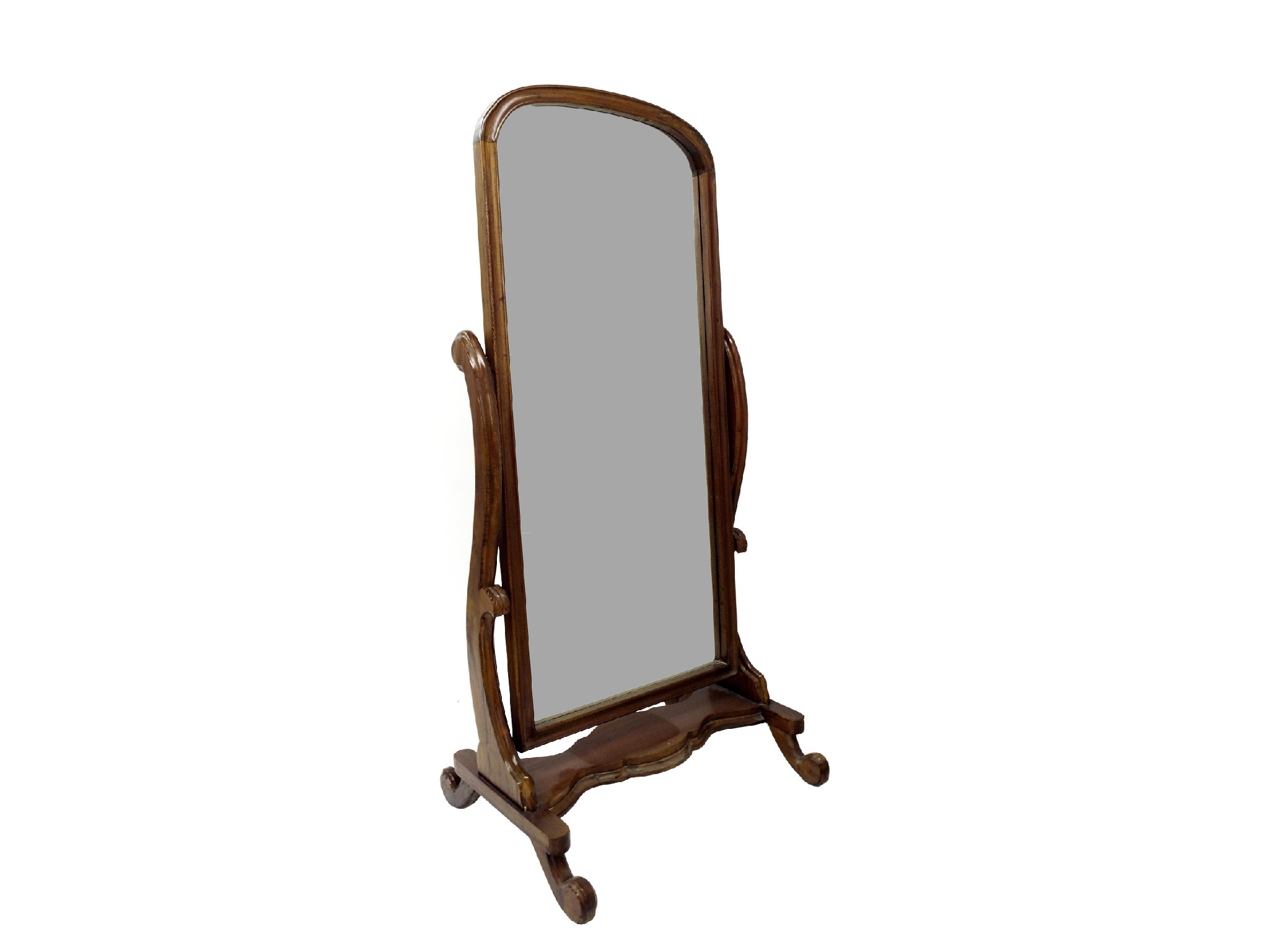 Victorian mahogany cheval mirror with arched bevelled glass plate upon