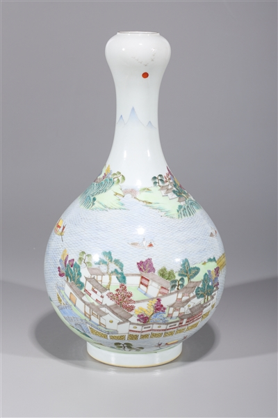 Chinese enameled porcelain garlic mouth vase with village and river