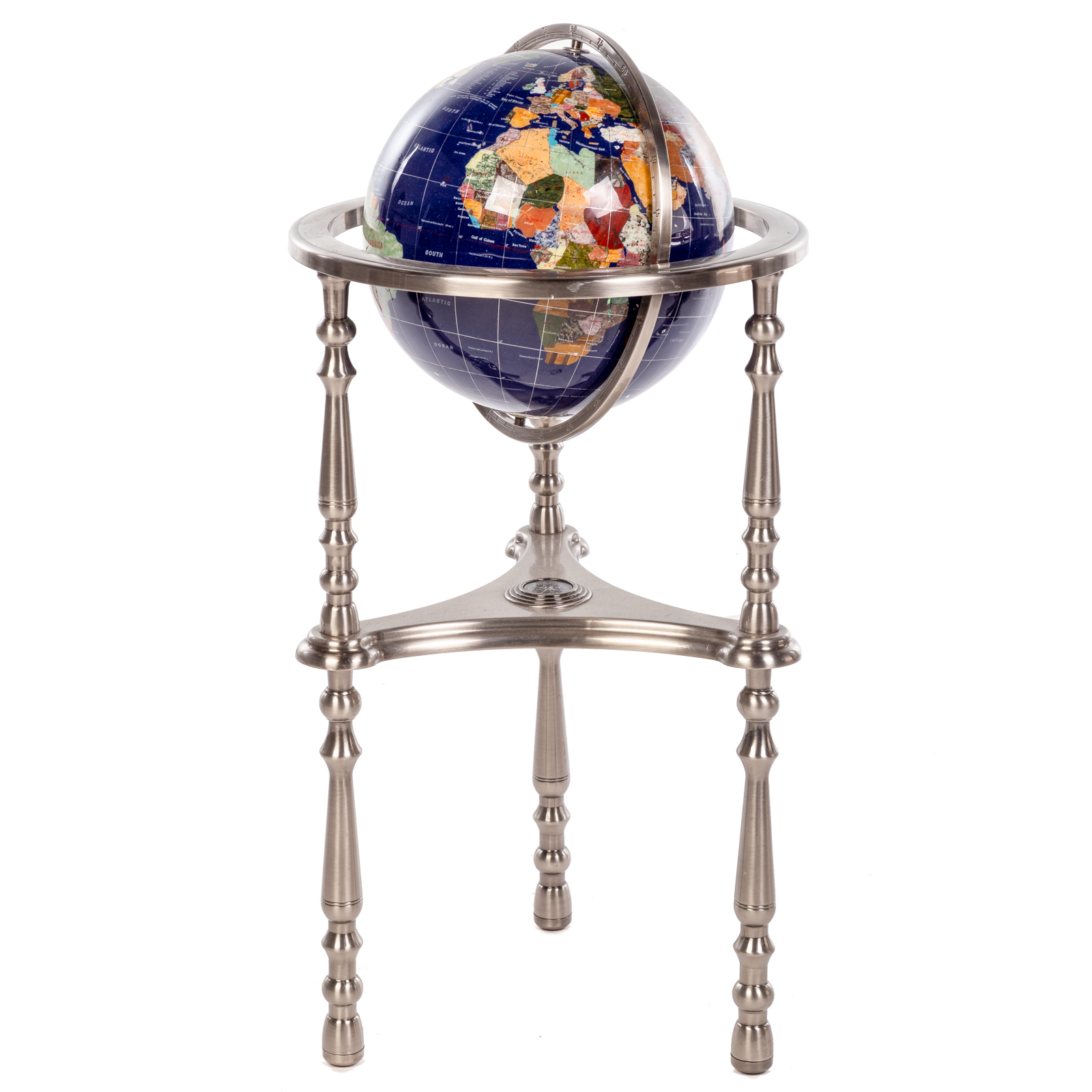 MINERAL GLOBE ON STAND Globe composed of exotic minerals including