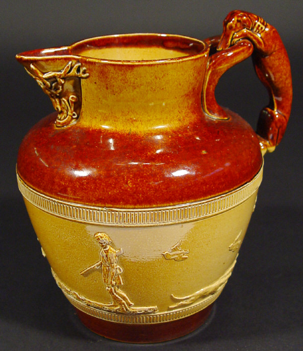 Doulton Lambeth stoneware hunting jug with whippet handle relief moulded