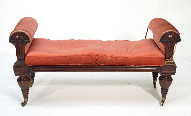 Victorian mahogany framed window seat with petal decoration on turned