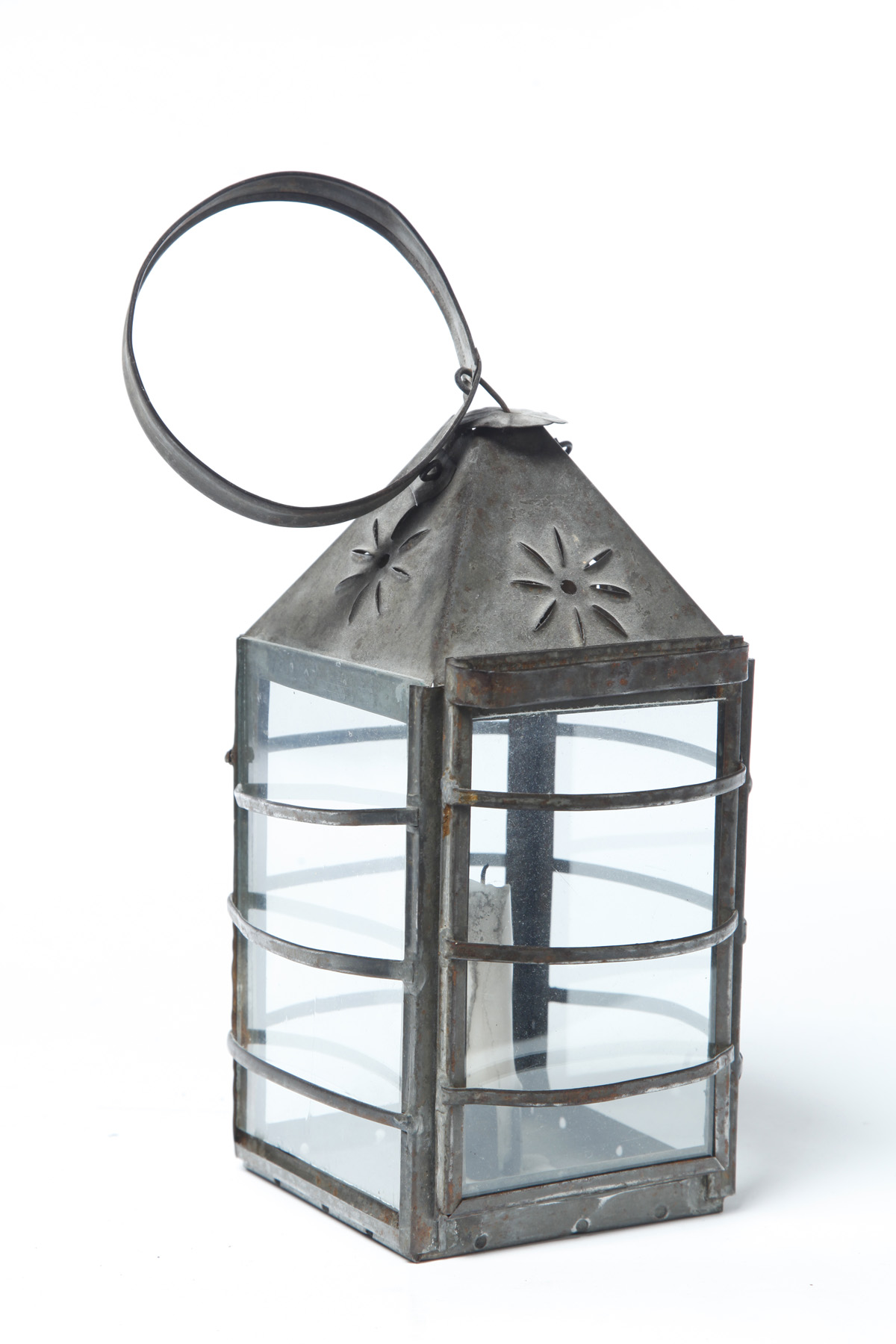 LANTERN American 19th century Glass with wire guards and punched