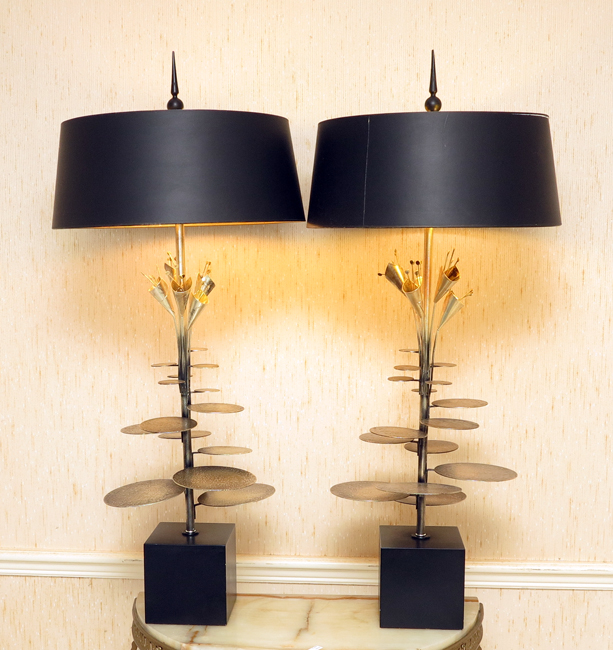 PAIR MODERNIST METAL TABLE LAMPS Black painted wood base metal