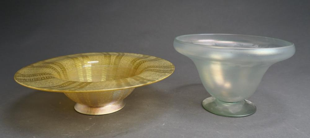 Two Unsigned Iridescent Art Glass Center Bowls Diameter of Larger