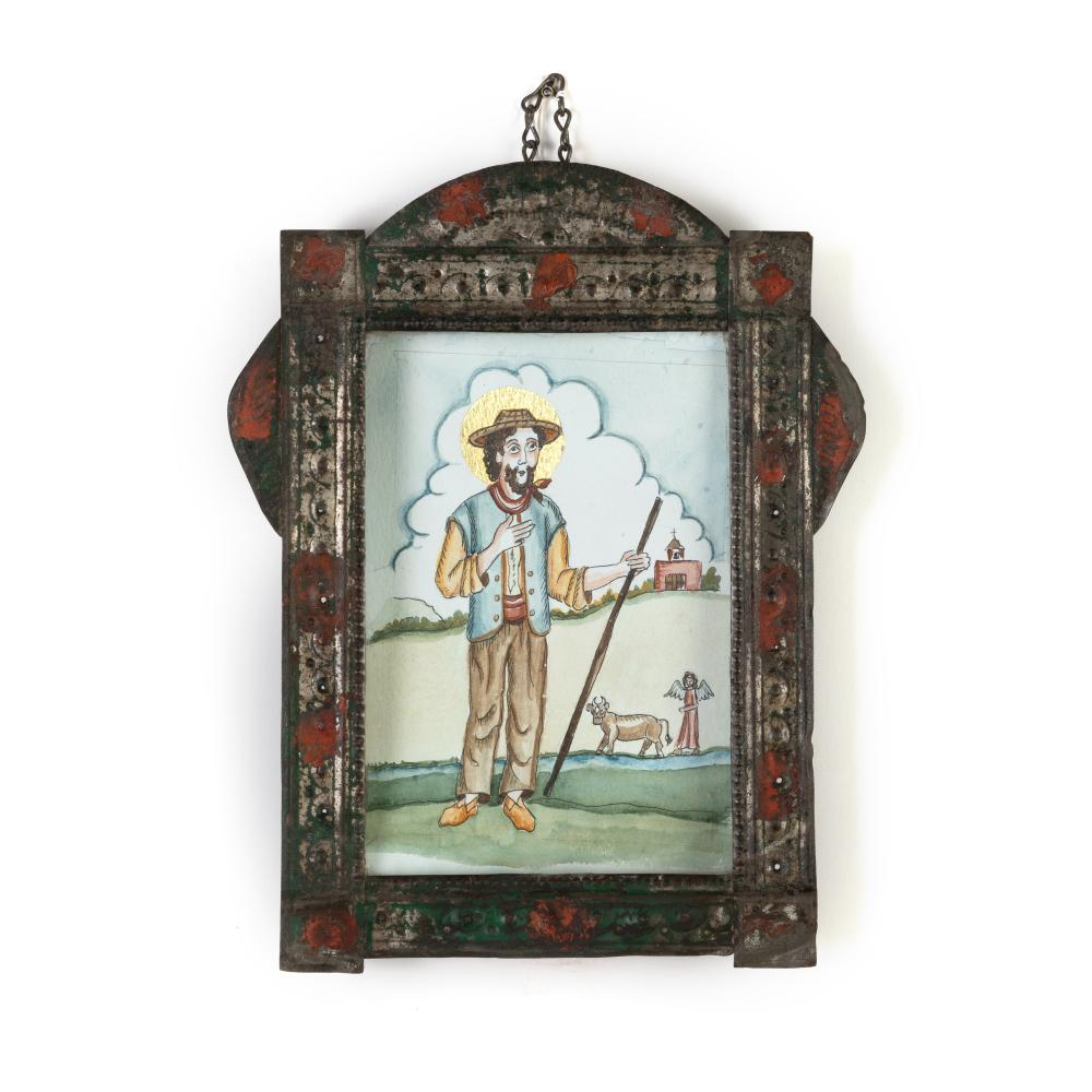 NEW MEXICO PAINTED TIN FRAME CA 1890 WITH RETABLO BY