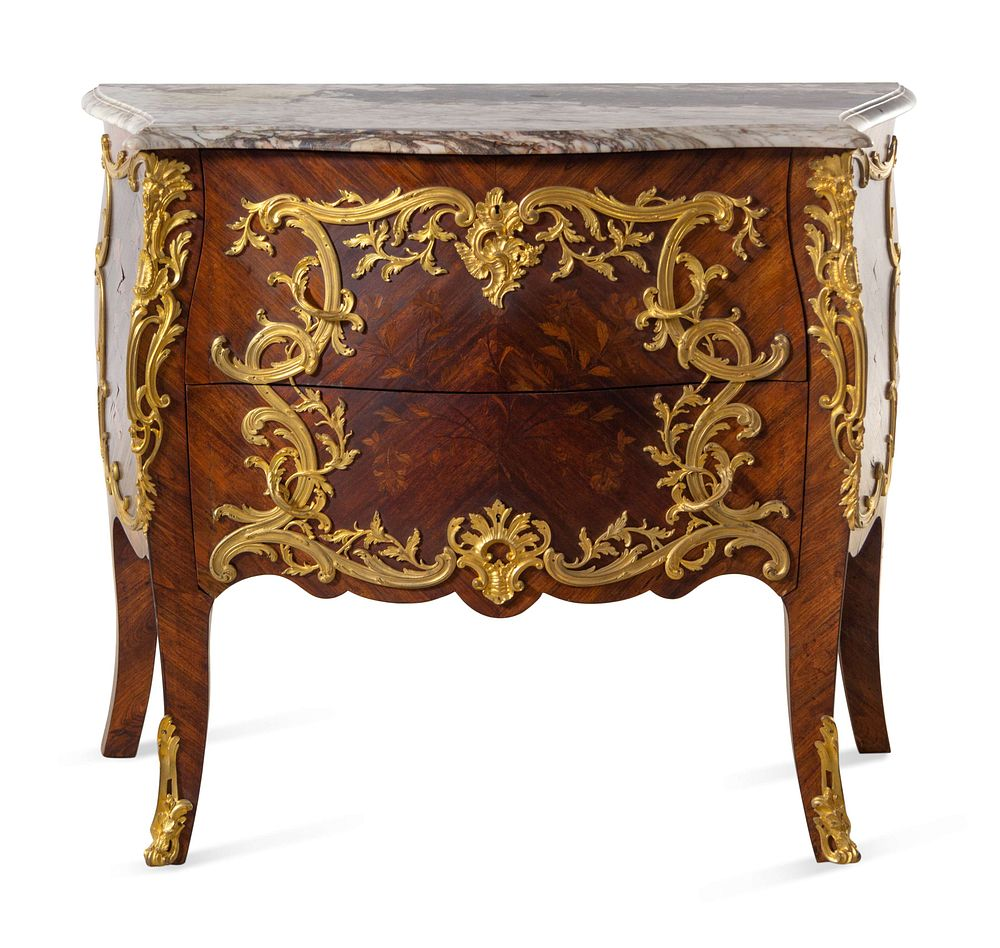 A Louis XV Style Gilt Bronze Mounted Marquetry Marble Top