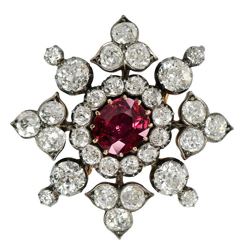 Antique Ruby and Diamond Pendant and brooch center oval faceted