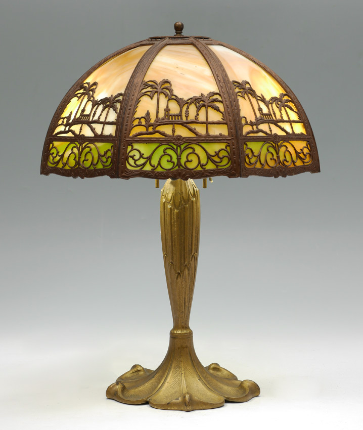 PALM TREE FILIGREE SLAG GLASS LAMP Patinated gold decorated cast