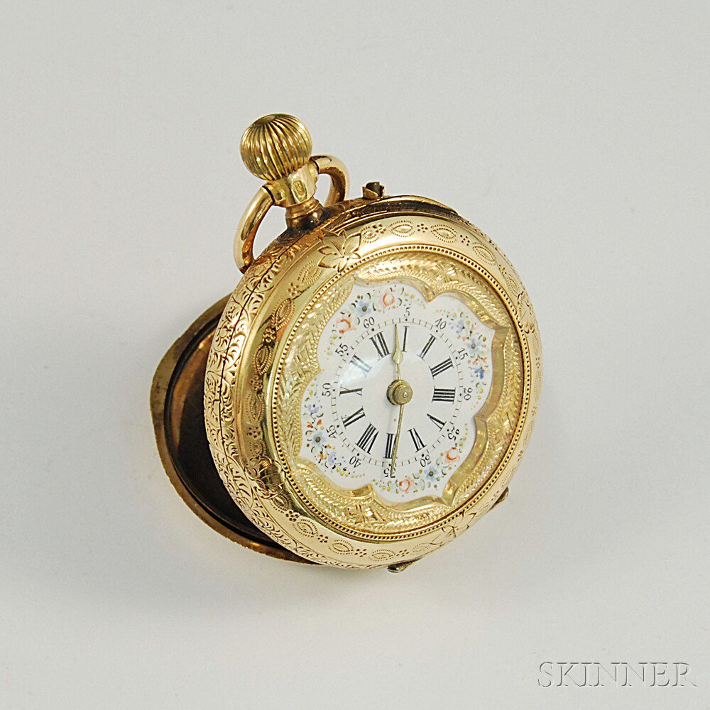 14kt Gold Lady s Pocket Watch with engraved gold outer