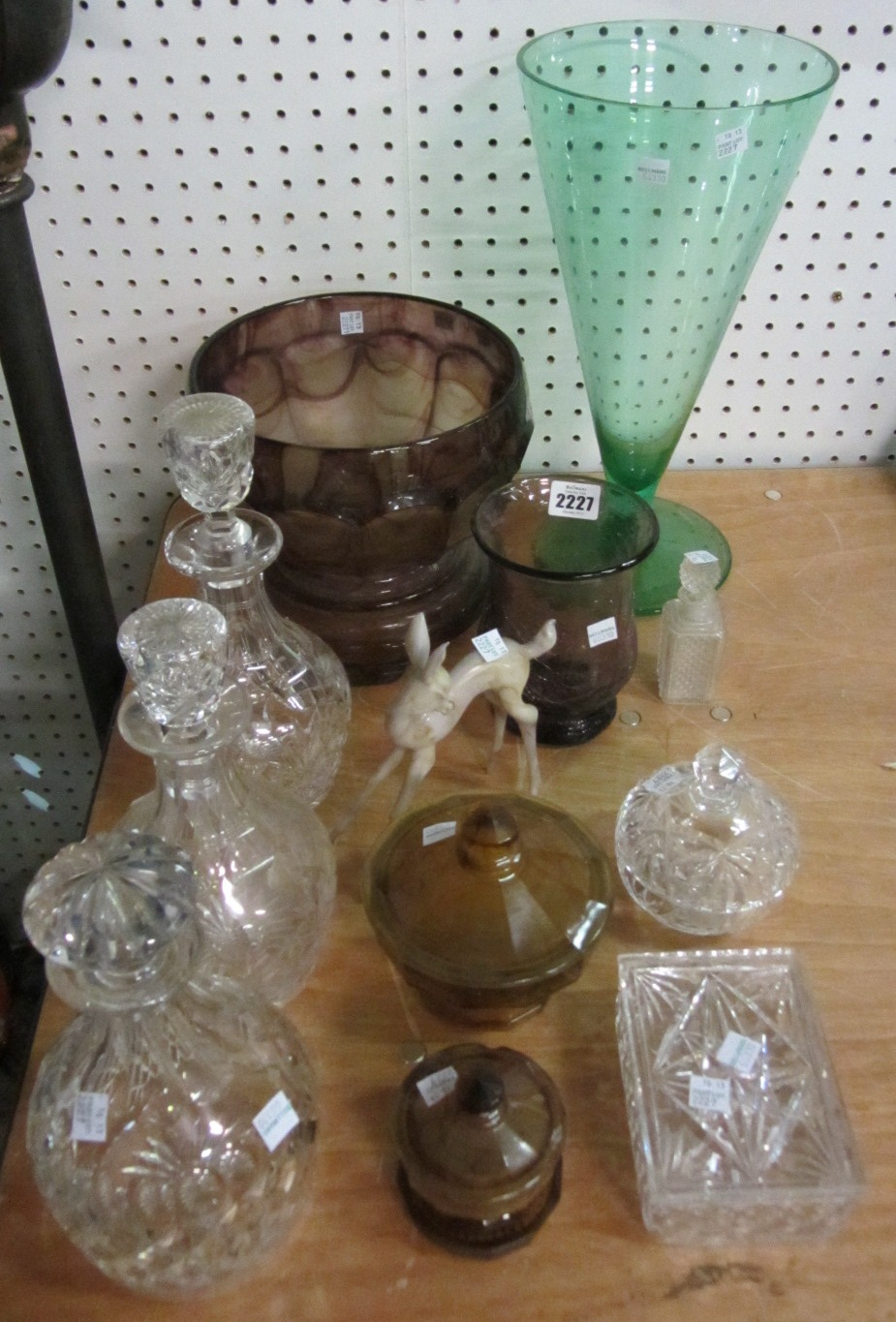 A quantity of mixed glass including decanters vases bowls and