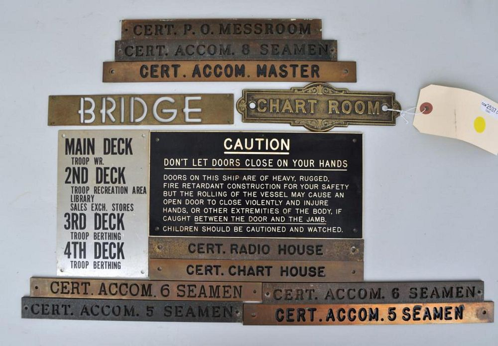 Group Eleven Brass Two Nautical Ship s Plaques including chart