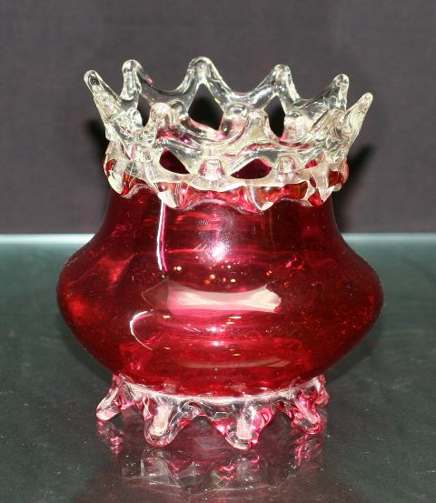 Victorian ruby glass footed bowl with clear glass pierced frilled