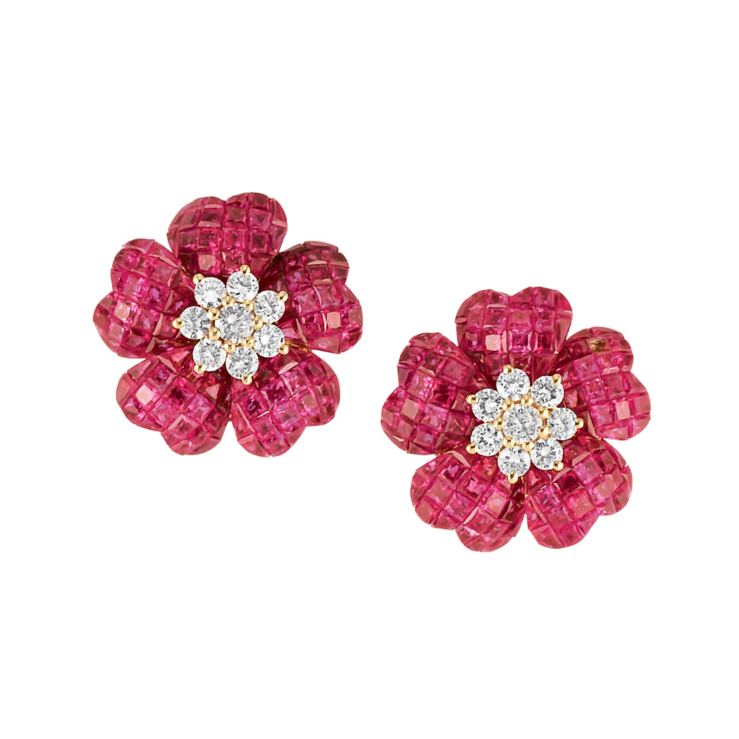 9 Pair of Invisibly Set Ruby and Diamond Flower Earclips