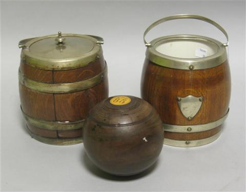 LIGNUM VITAE BALL AND TWO BISCUIT BARRELS The first by