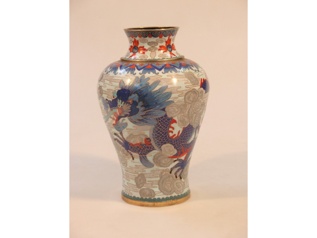 A Chinese cloisonne baluster vase enamelled with a celestial dragon