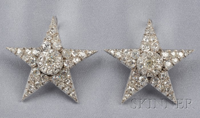Pair of Antique Diamond Stars set with old mine cut