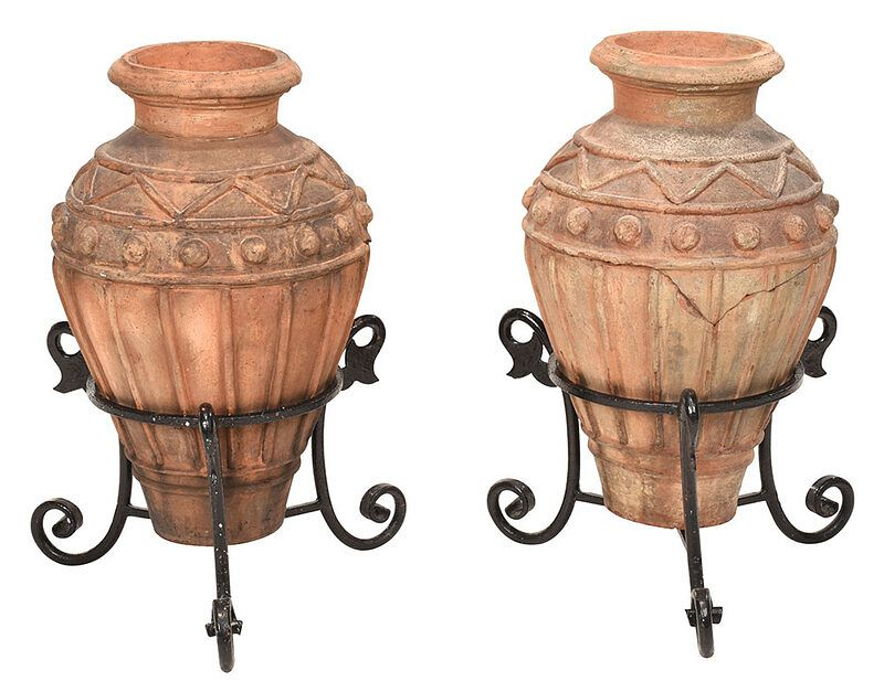 Pair Italian Terracotta Urns Wrought Iron Stands early 20th century