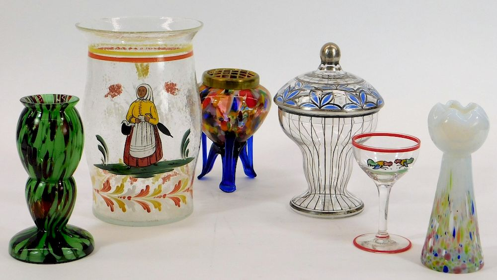 6 Assorted Bohemian Czech Art Glass Vase Jar Group 6
