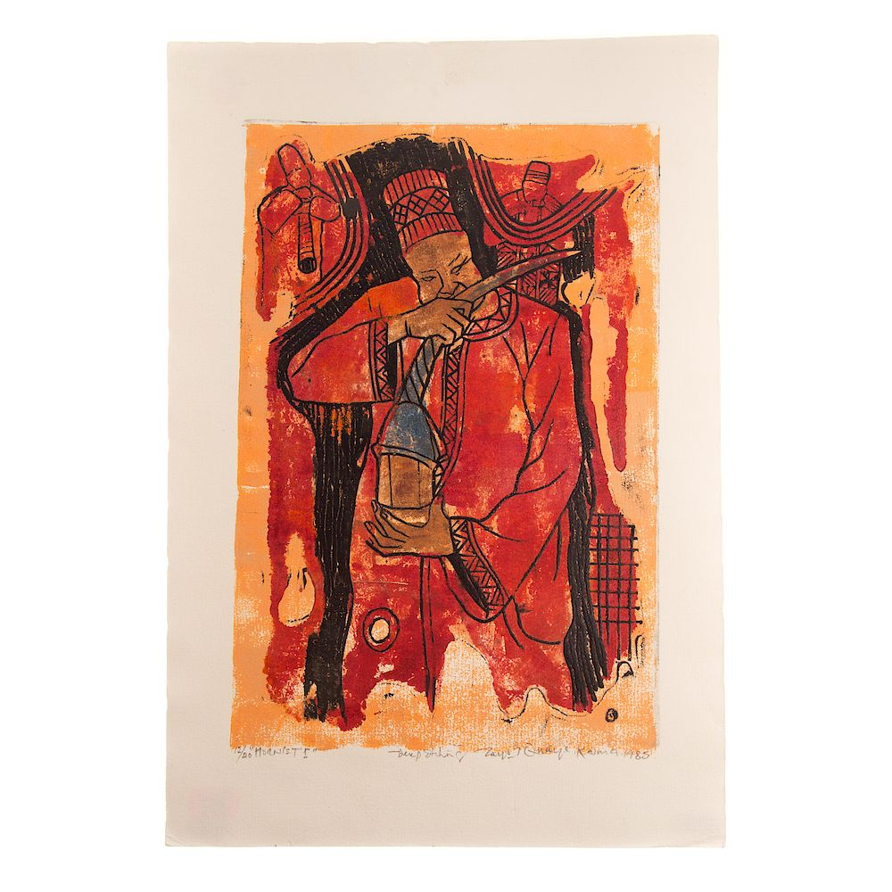 Kuma Hornist I etching Nigerian 20th century Etching plate size