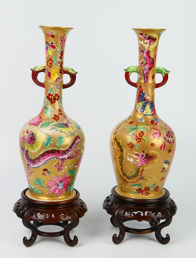 Pr CHINESE GOLD GROUND DRAGON PHEONIX VASES A pair of