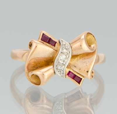 A Retro Pink Gold and Platinum Bow Ring 14k rose