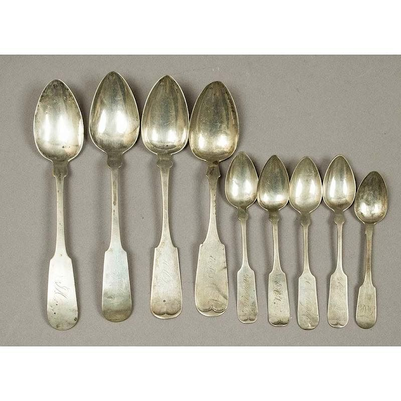 9 Fiddle Form Silver Spoons 9 assorted fiddle form silver