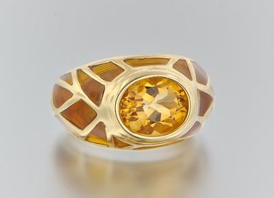 A Citrine and Plique A Jour Enamel Ring 10k yellow