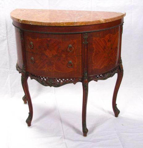 French demilune marble top commode marquetry inlaid with carved body