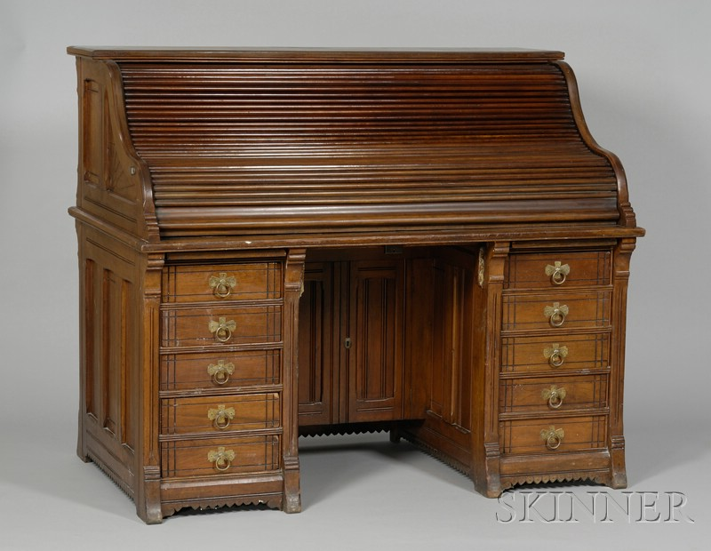Victorian Eastlake type Carved Walnut Roll top Desk with fitted