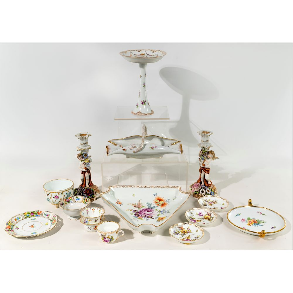 DRESDEN PORCELAIN ASSORTMENT 15 items all having gilt and floral