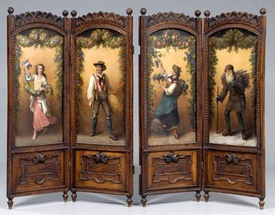 Victorian carved hand painted screen four hinged panels now separated