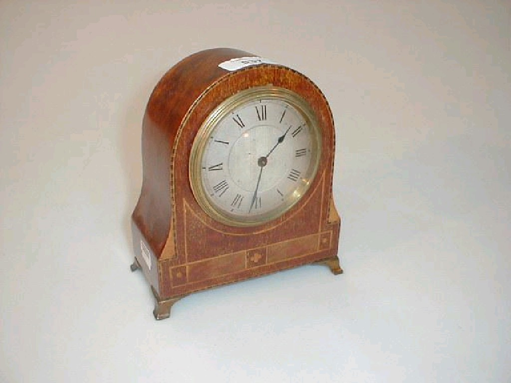 An Edwardian string inlaid mantel timepiece with silvered dial 7