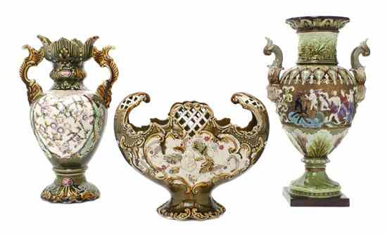 Two Majolica Porcelain Vases each of baluster form flanked by