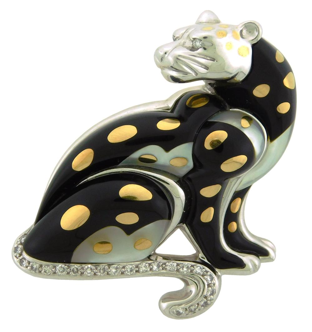 JEWELRY Asch Grossbardt 18K Diamond and Platinum Leopard Pin stamped