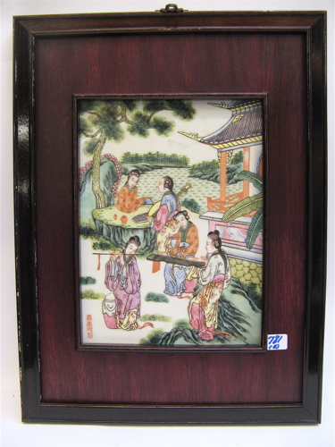 SET OF FIVE CHINESE HAND PAINTED PORCELAIN PLAQUES three depict