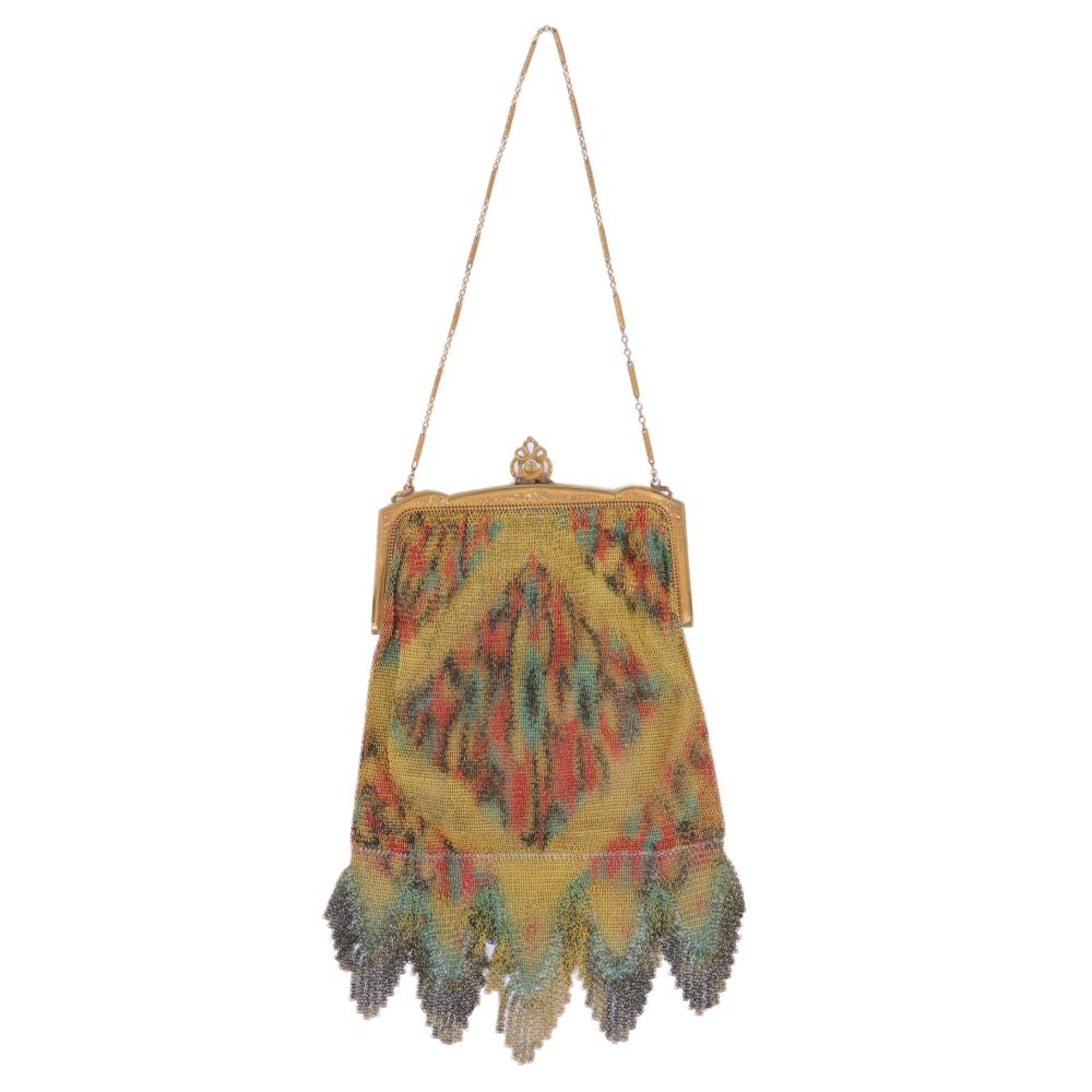 WHITING AND DAVIS ART DECO POLYCHROME LINED METAL MESH BAG