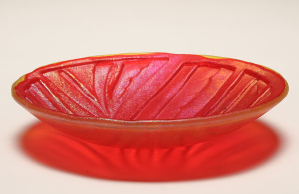 Glenda Taylor orange acid etched iridescent glass dish 2000 Molded