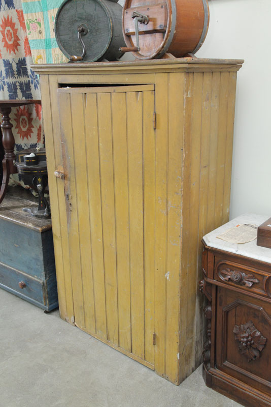 JELLY CUPBOARD Yellow painted pine beadboard with stepped molded cornice