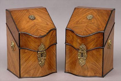PAIR OF CONTINENTAL STYLE BRASS MOUNTED WALNUT CUTLERY BOXES Each