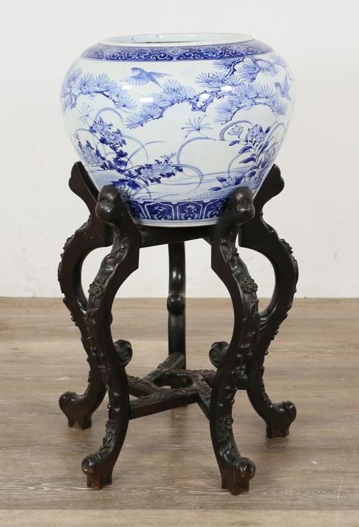 Japanese blue and white fish bowl on rosewood stand 20th