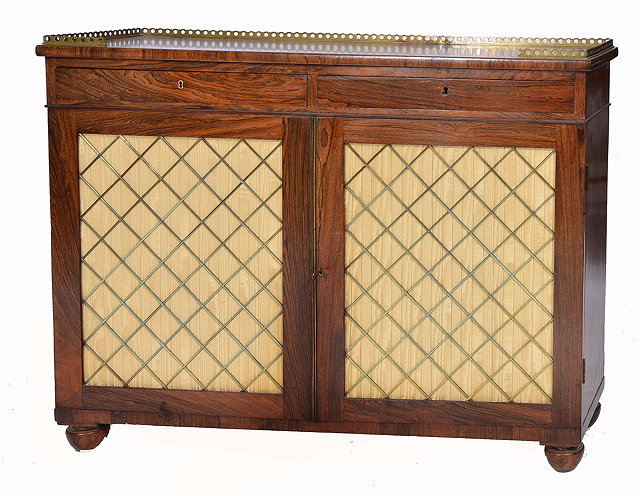 A GEORGE IV ROSEWOOD CHIFFONIER with brass galleried top with