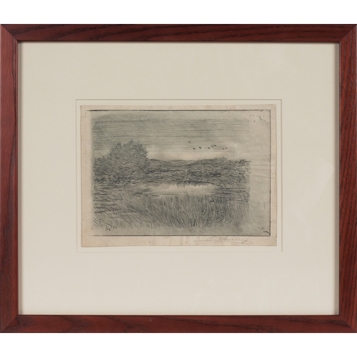 Rare and important E T Hurley etching marsh scene on