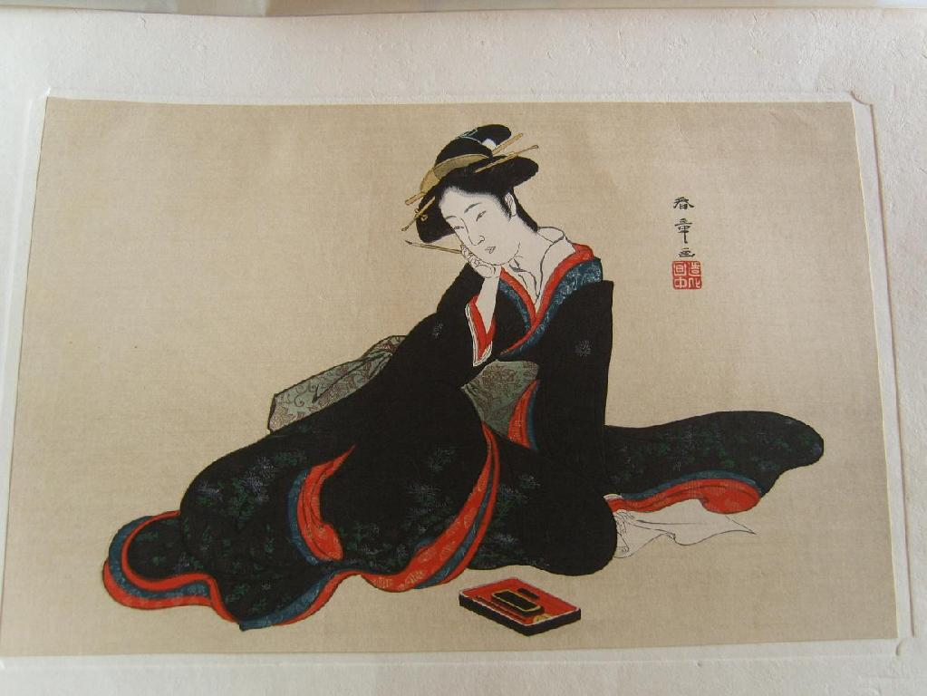 Two Japanese woodcuts after Katsukawa Shunsho a beauty with printed