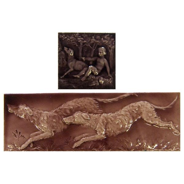 TILE GROUPING Two tiles with hounds Trent panel in burgundy